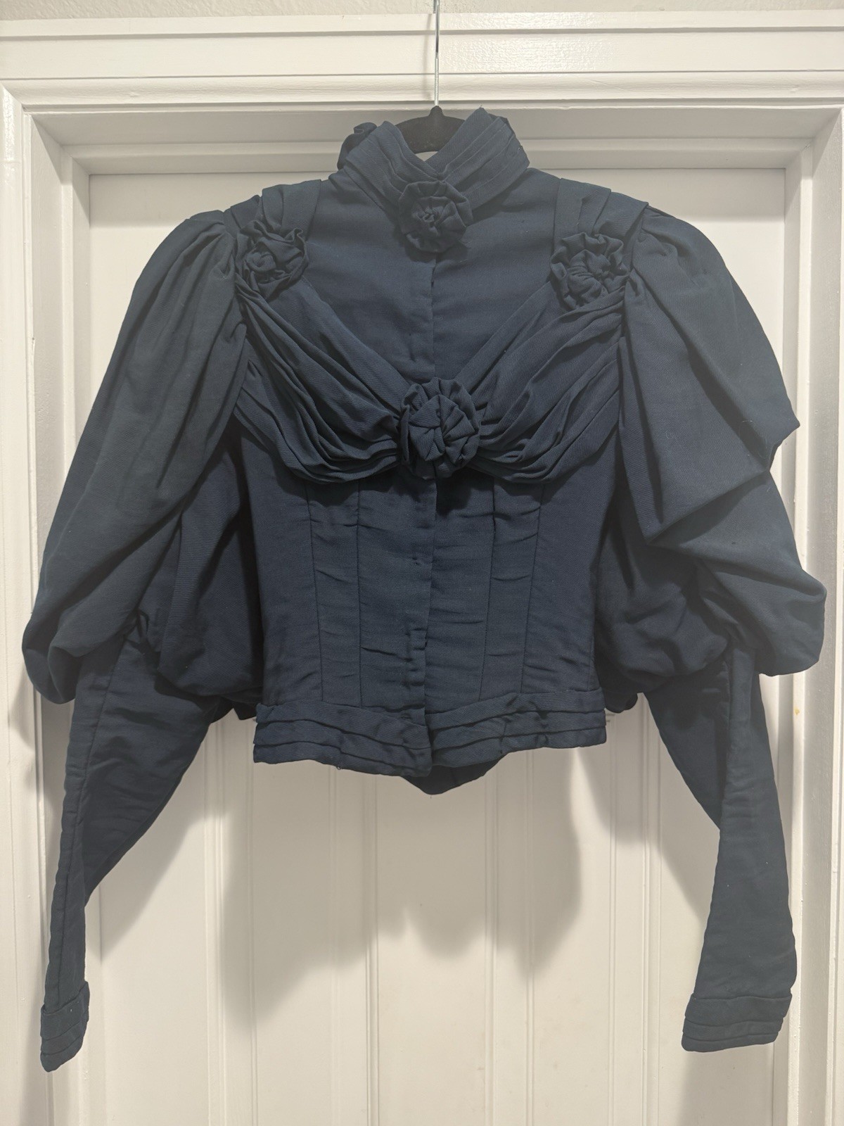 Antique Mid-Late 1800s Victorian Dark Navy Blue Gigot-Sleeve Bodice Top Women’s