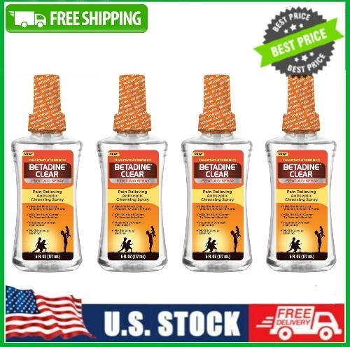4 PACK Betadine Clear First Aid Spray, Antiseptic Cleansing Spray, 6 oz