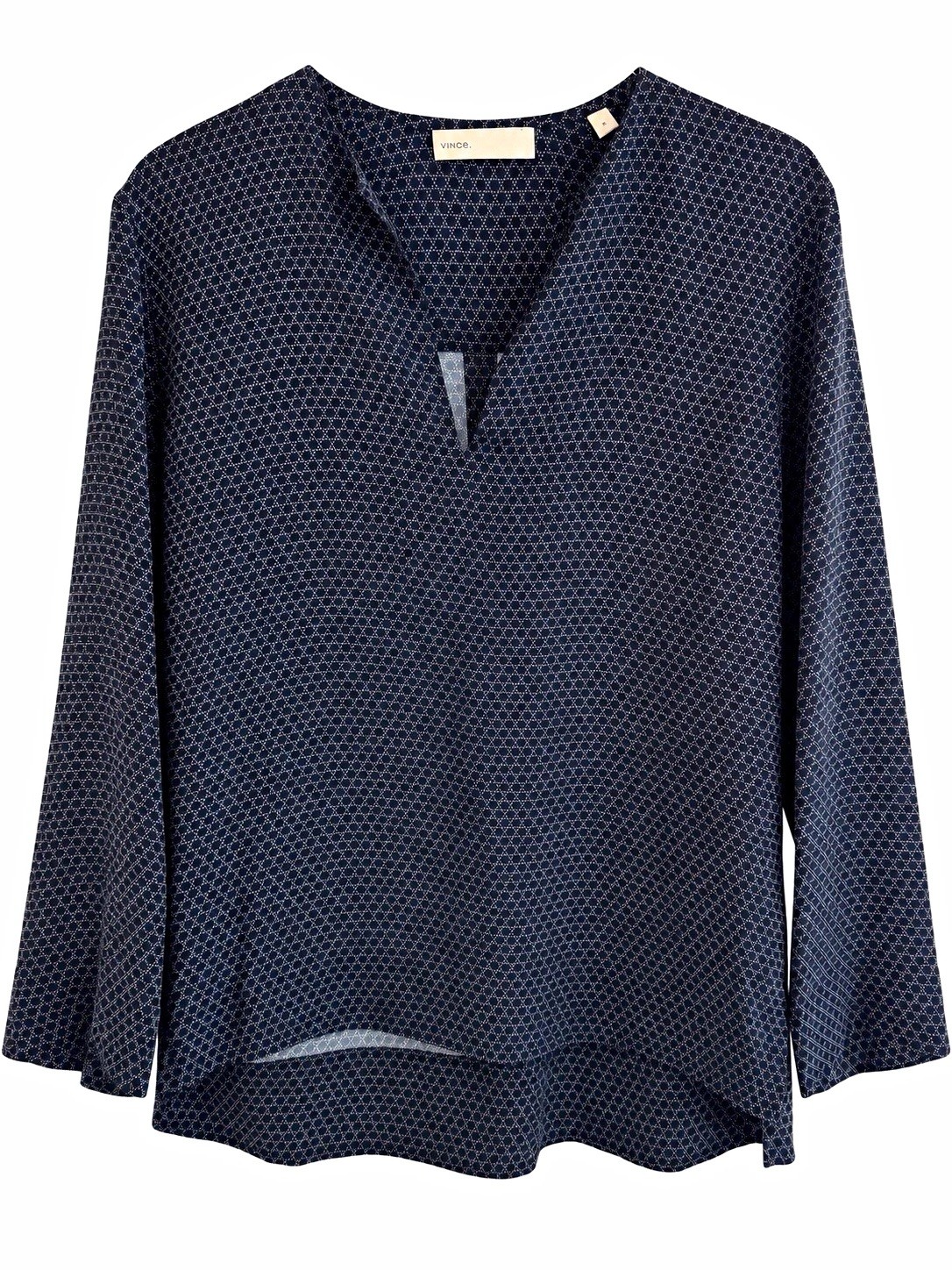 Vince 100% Silk Blouse Size 6 Navy Geometric Print Long Sleeve Split Neck Vince 100% Silk Blouse Size 6 Navy Geometric Print Long Sleeve Split Neck