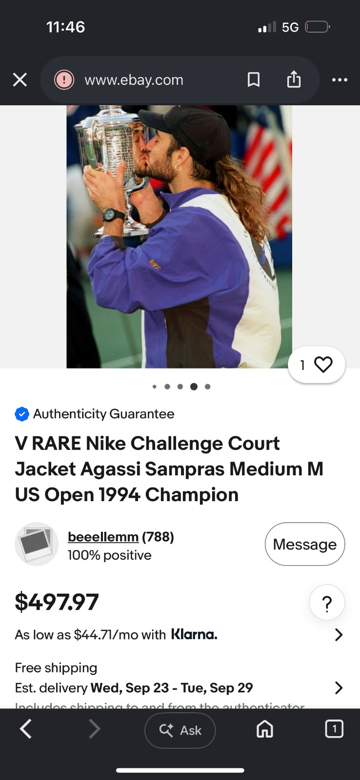V RARE Nike Challenge Court Jacket Agassi Sampras Medium M US Open 1994 Champion