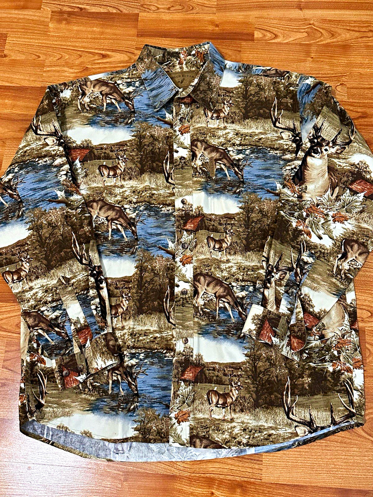 North River Men\'s L Cotton Deer Graphic Long Sleeve Button-Up Shirt