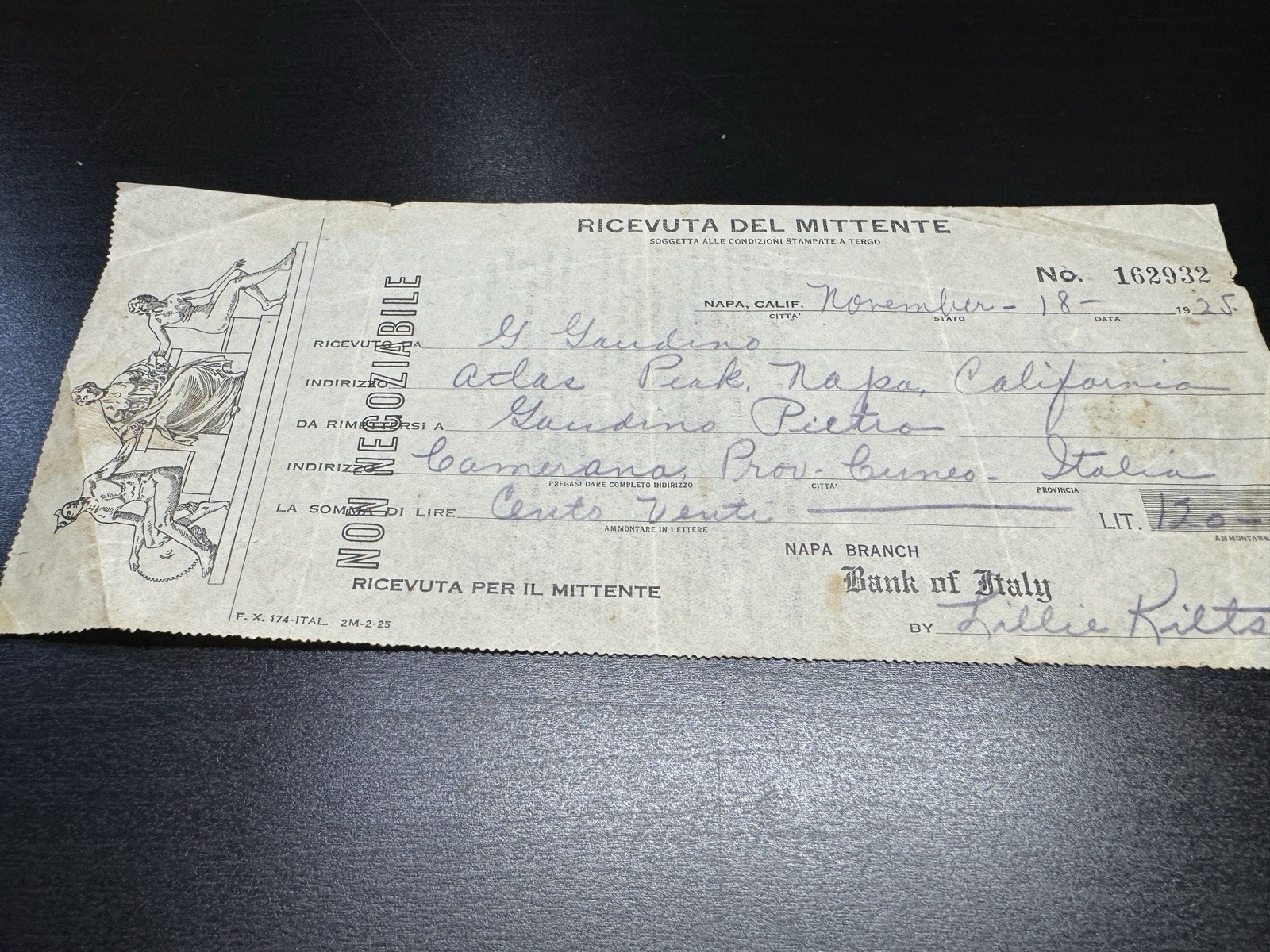 1925 Bank of Italy Napa Branch Italian Remittance Receipt 120 Lire Rare Ephemera