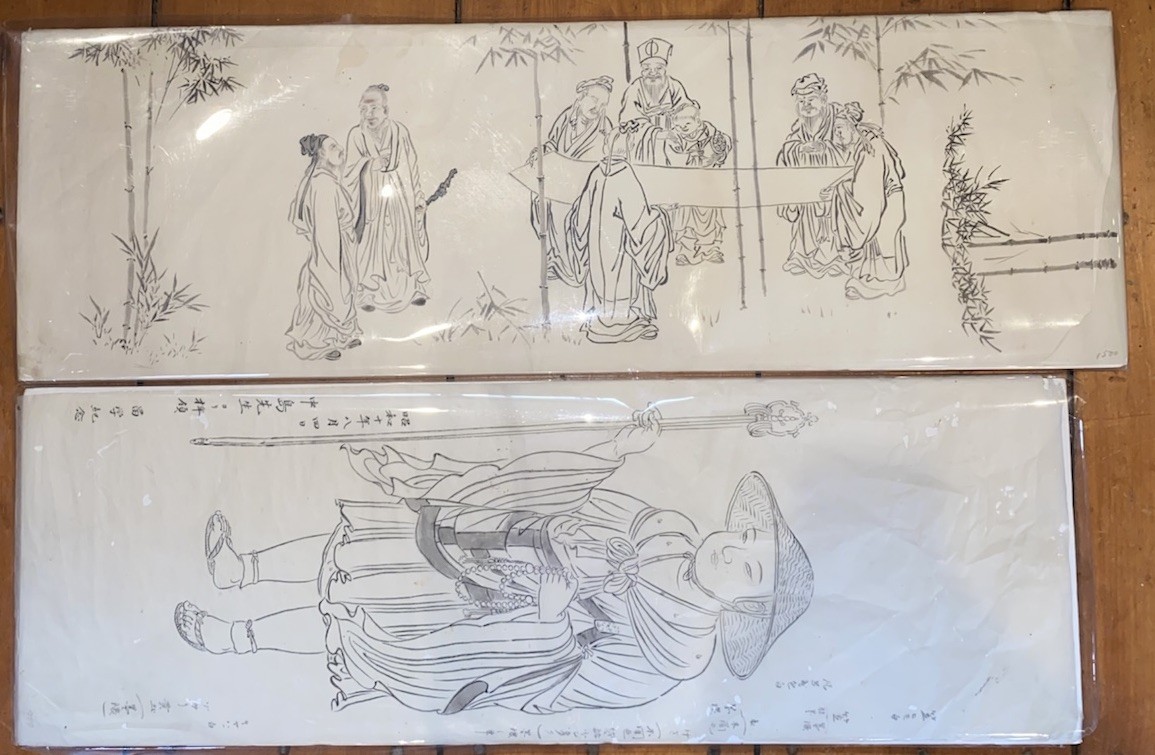 Pair Japanese Ink Drawings c.1935 Shōwa Monk & Scholars Signed Nakajima