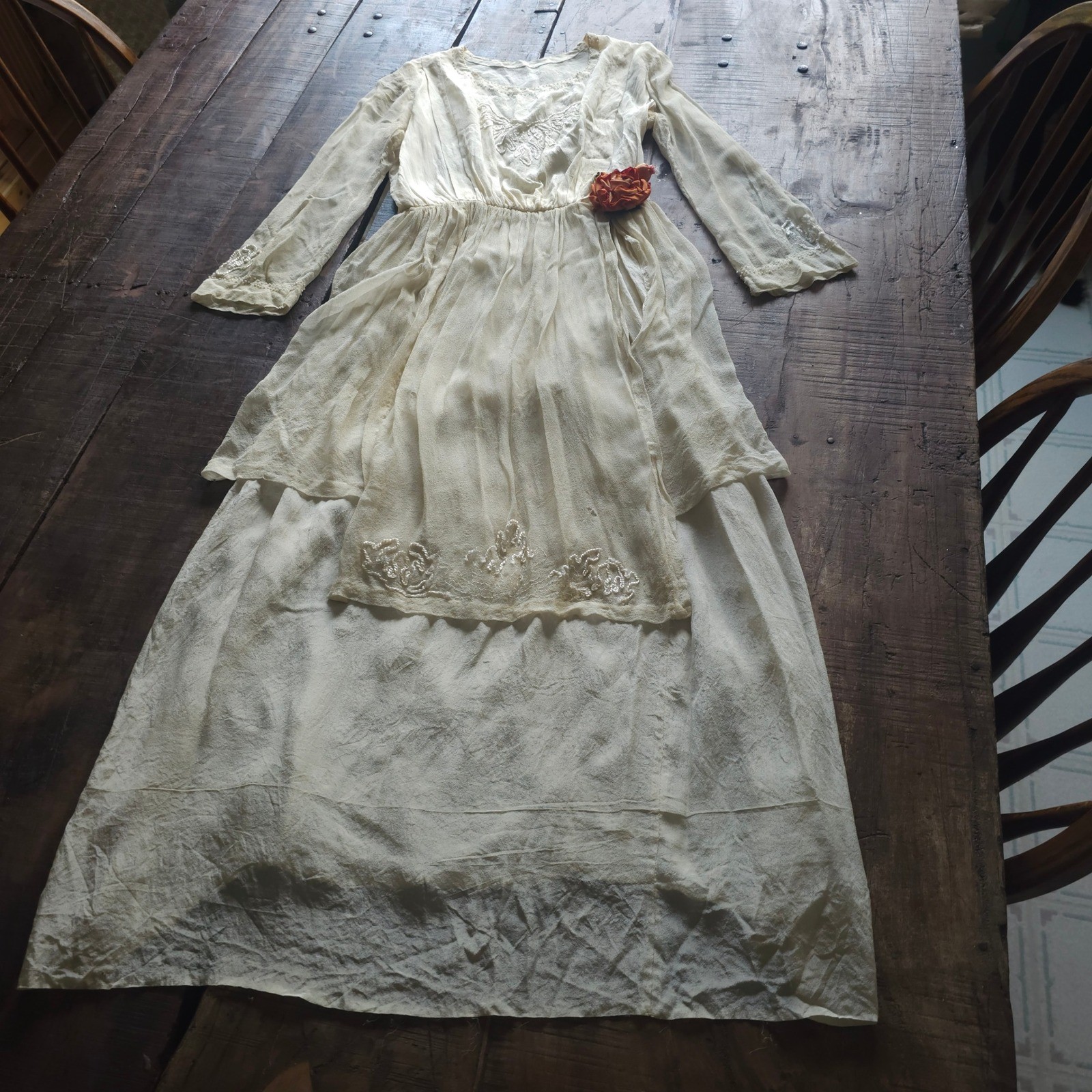 Antique Edwardian Silk Chiffon Tea Dress Cream Embroidered Beaded Tiered Skirt