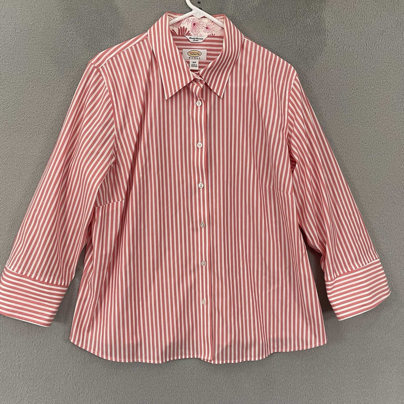Talbots Top Womens 16W Pink Striped Long Sleeve Button Wrinkle Resistant Stretch