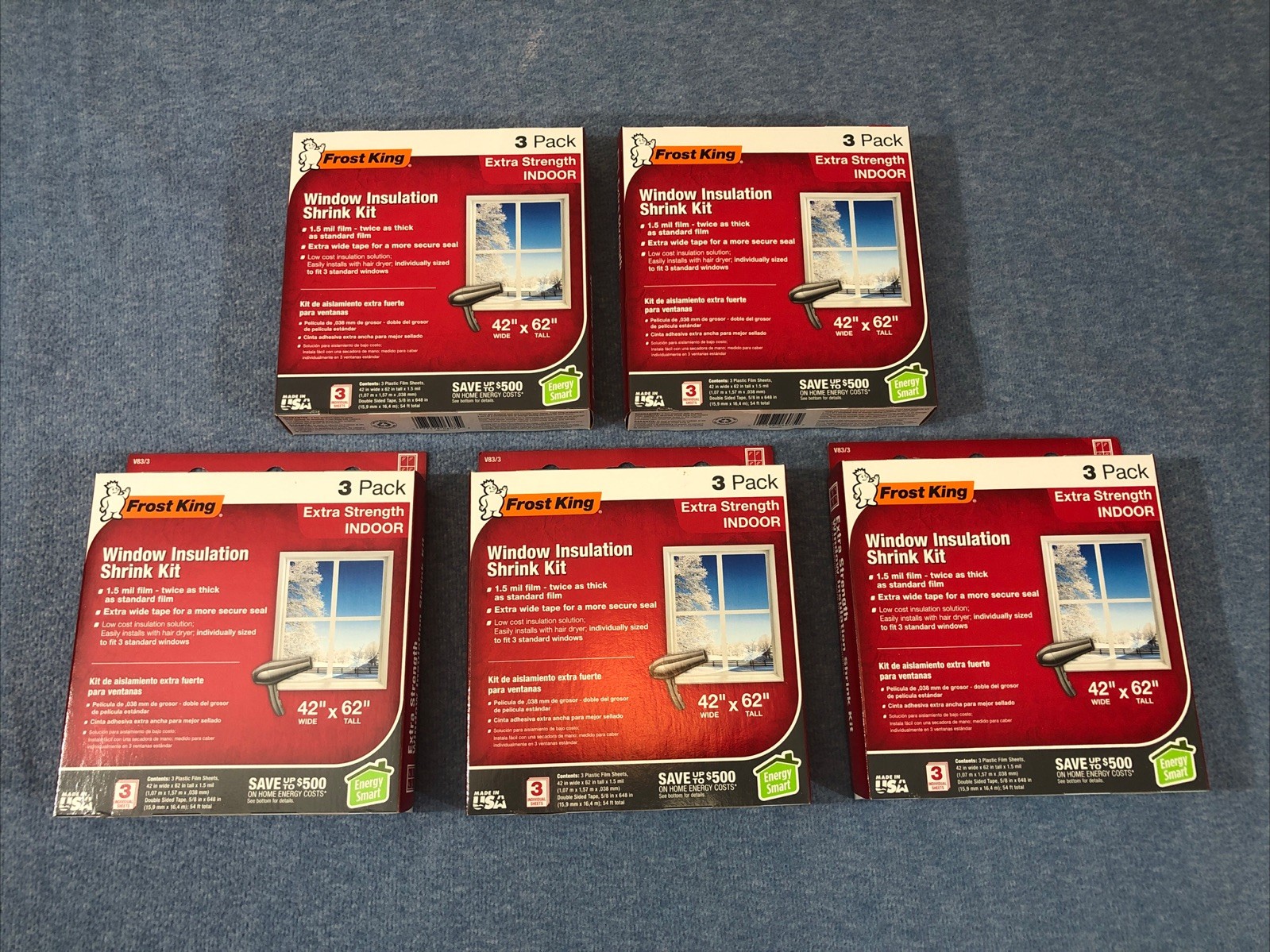NEW LOT OF (5) FROST KING INDOOR WINDOW INSULATION SHRINK KITS 15 SHEETS 42 NEW LOT OF (5) FROST KING INDOOR WINDOW INSULATION SHRINK KITS 15 SHEETS 42