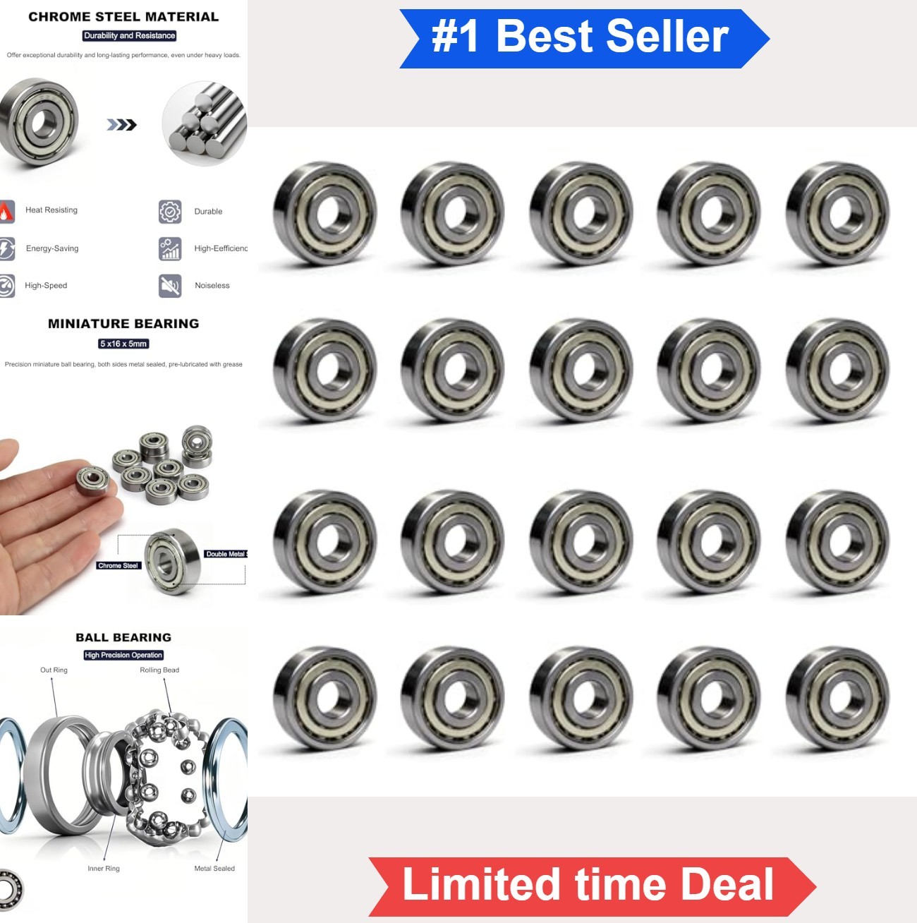 20 PCS 625-ZZ Double Shielded Ball Bearings 5x16x5 mm Chrome Steel ABEC 3