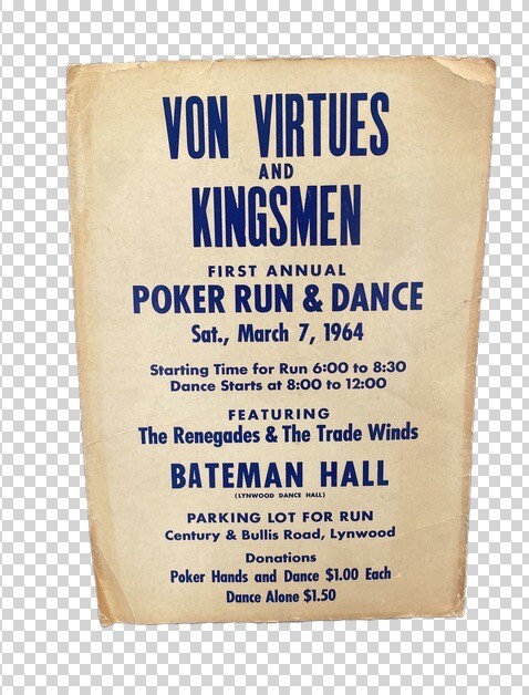 POSTER Von Virtues Kingsmen 1964 Genuine Original Renegades Trade Winds Concert