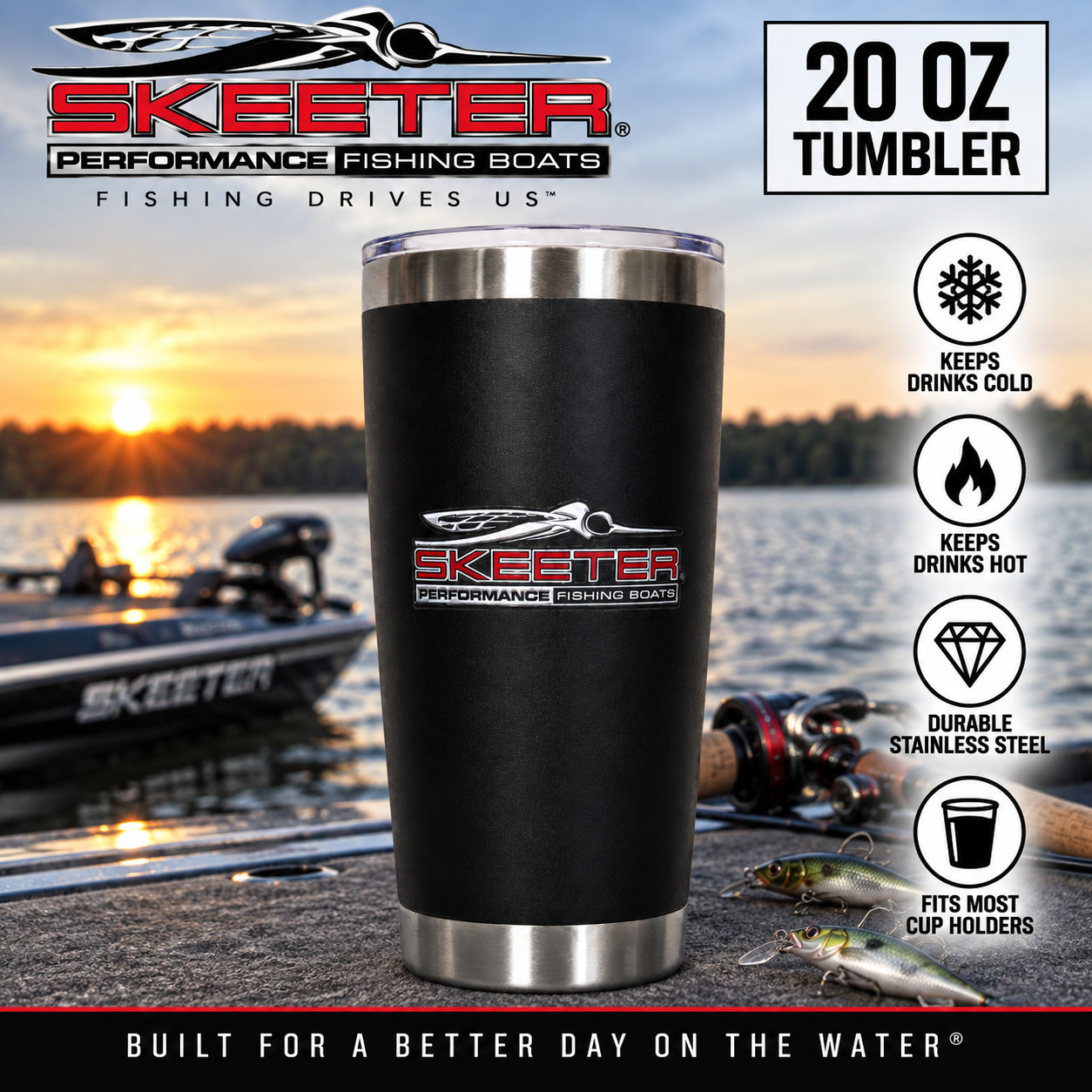 Skeeter Boats 20oz Stainless Steel Insulated Tumbler Black Fishing Boat Cup