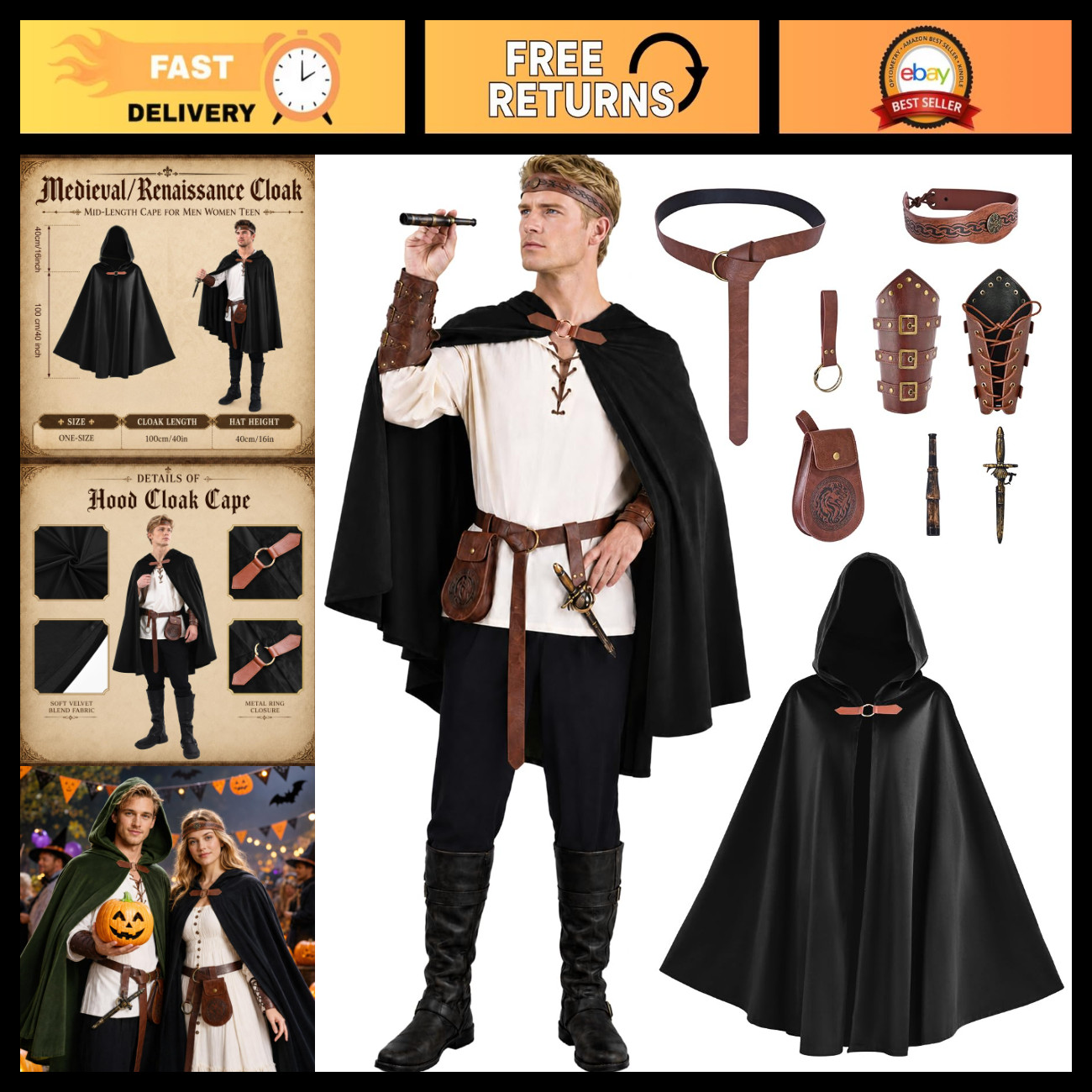 Medieval Renaissance Costume for Men, 9-Piece Hooded Cloak & Accessories Set