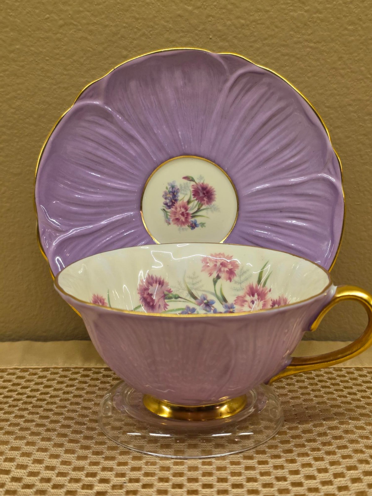 Shelley China: \'Carnation\' Cup & Saucer - Footed Cup and Gold Trim