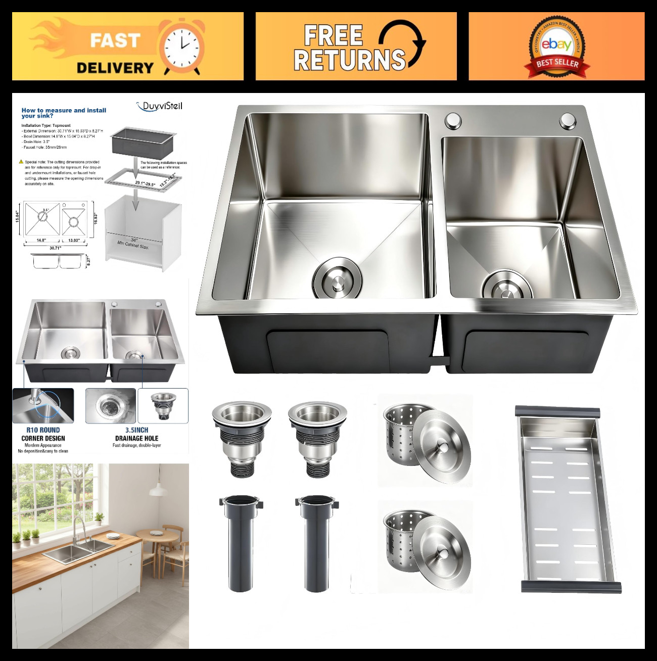 30.7x16.9 Inch Stainless Steel Kitchen Sink - Nano-Coated Drop-in Double Bowl wi