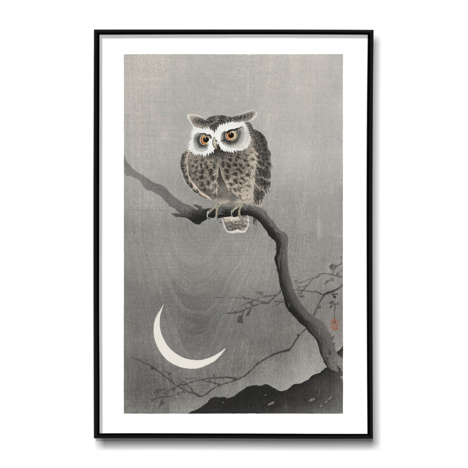 Owl and Crescent Moon by Ohara Koson – Early 20th Century Shin-Hanga Art Print