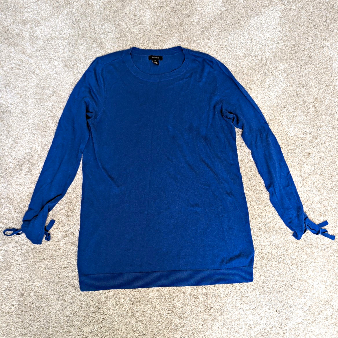 Halogen Women\'s Blue Solid Knit Crew Neck Pullover Sweater Tie Cuff Size XS