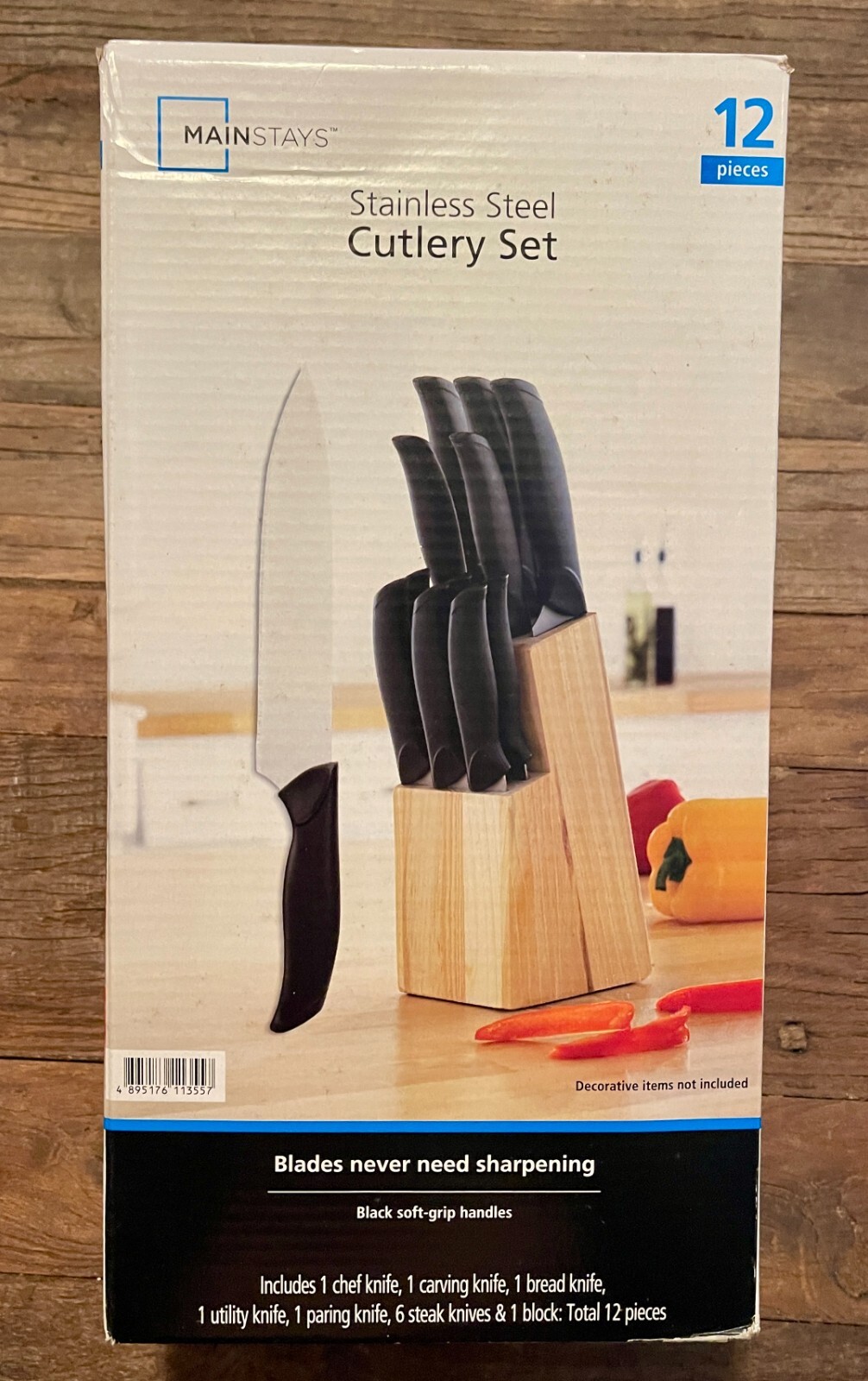 Mainstays 12 Piece Cutlery Set with Soft Grip Handles and Wood Storage Block