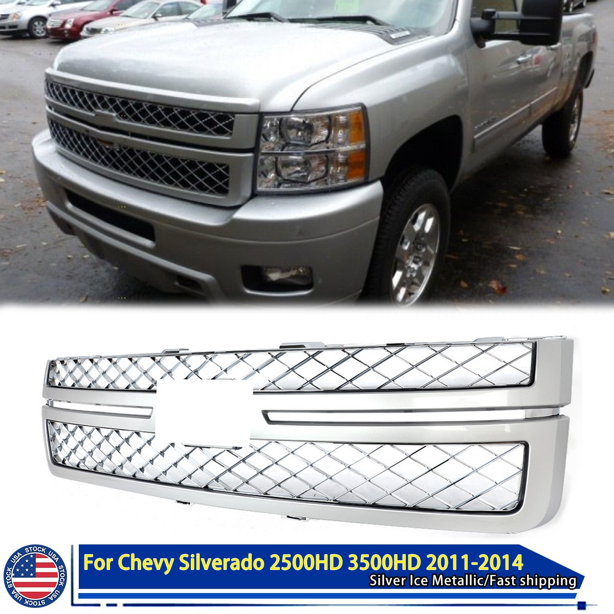 For Silverado 2500HD 3500HD 2011-2014 Silver Ice Metallic Front Grille w/ Chrome For Silverado 2500HD 3500HD 2011-2014 Silver Ice Metallic Front Grille w/ Chrome
