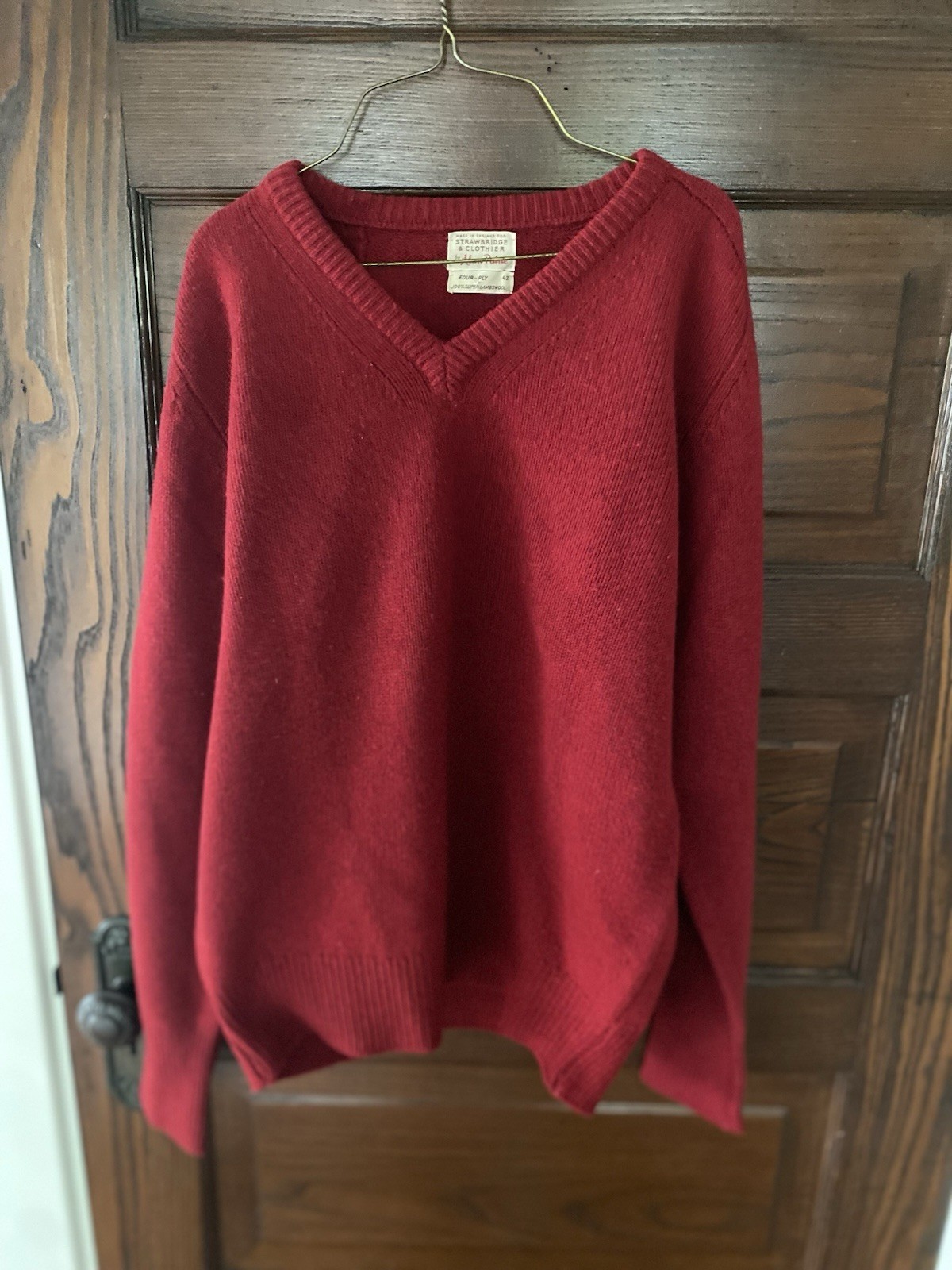 70s Alan Paine Red V Neck Sweater Lambswool Size 42 Made in England Vintage
