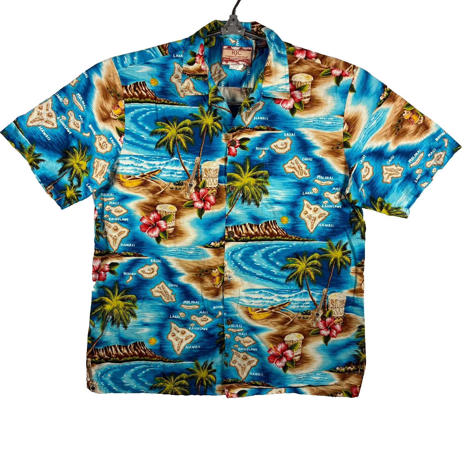 RJC Vintage Hawaiian Shirt Mens XL Blue Island Map Floral 100% Cotton Made USA