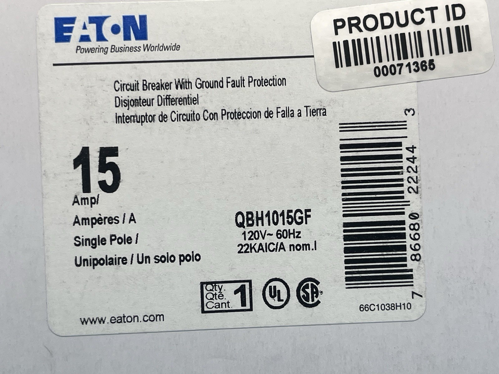 Eaton QBH1015GF Circuit Breaker 1 Pole 15 A Bolt-On 22kA New In Box Eaton QBH1015GF Circuit Breaker 1 Pole 15 A Bolt-On 22kA New In Box
