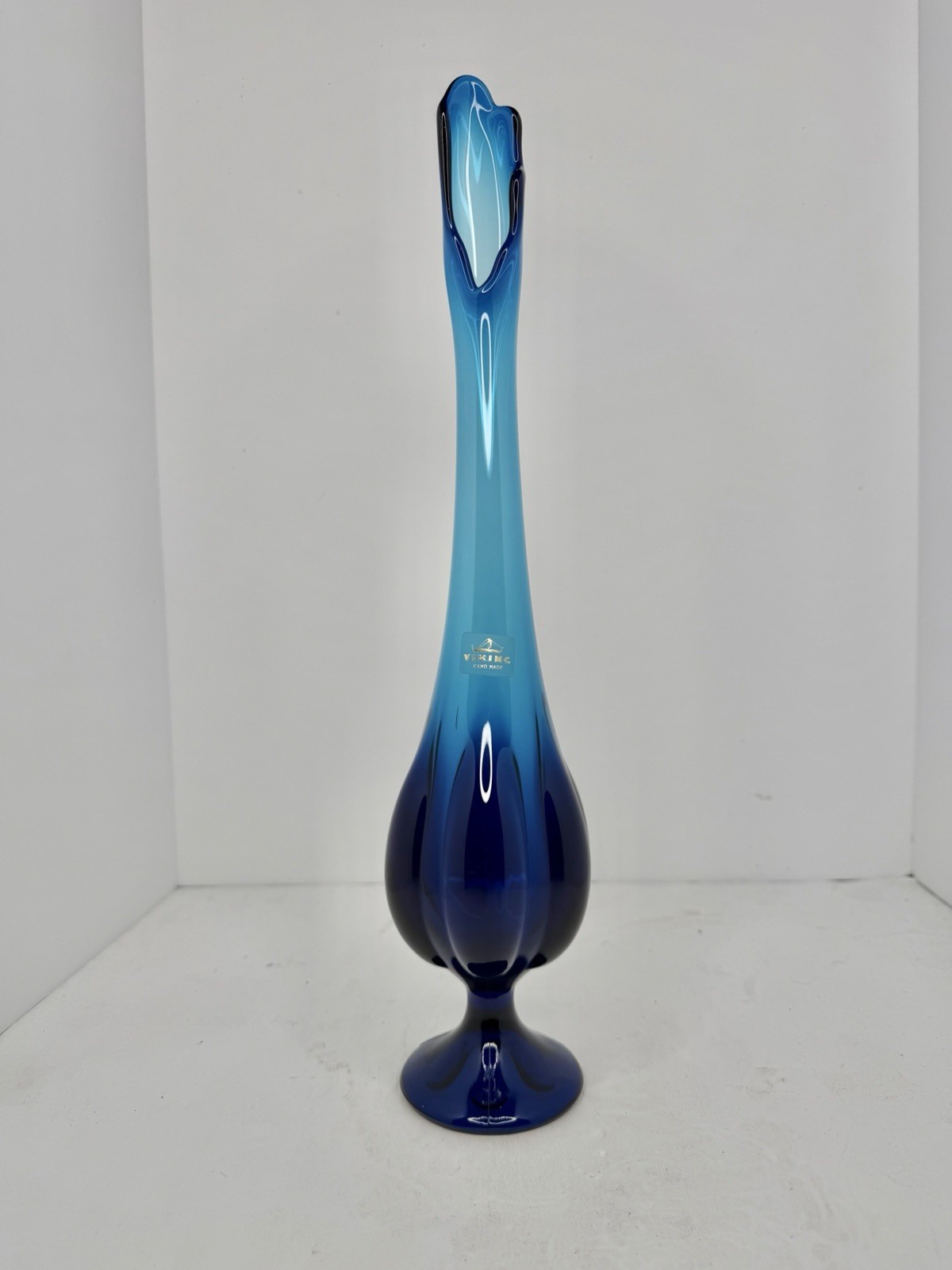 HTF Vintage MCM Viking Glass Cobalt 16.25” Swung Vase Epic 6 Petal W/label