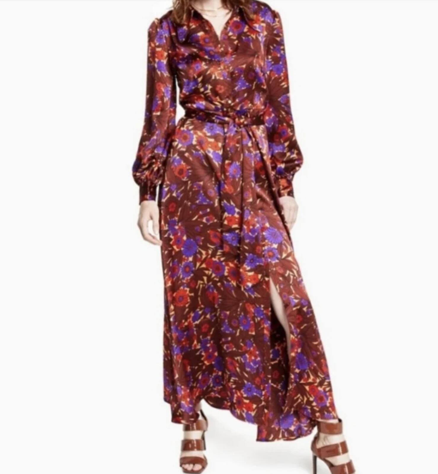 INC International Concepts Floral Maxi Dress NWT Satin Long Sleeve Belted M