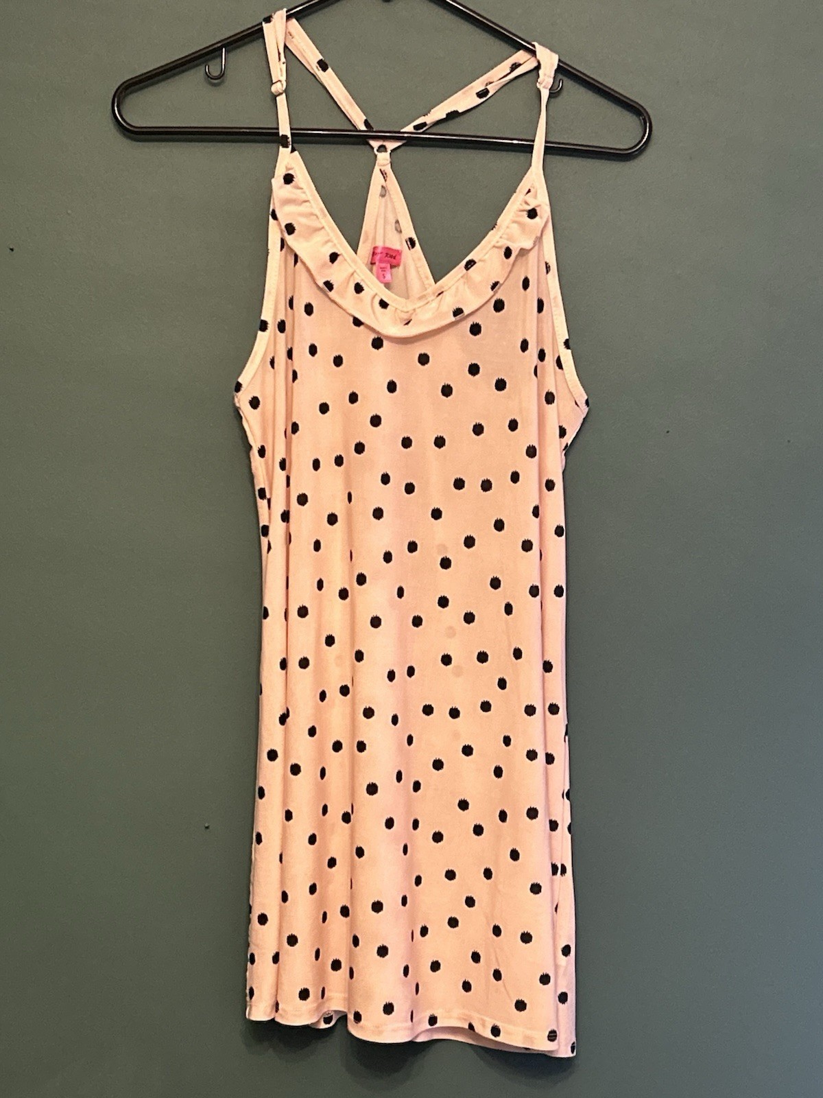 Betsey Johnson Pink & Black Polka Dot Ruffle Racerback Sleep Chemise Nightgown