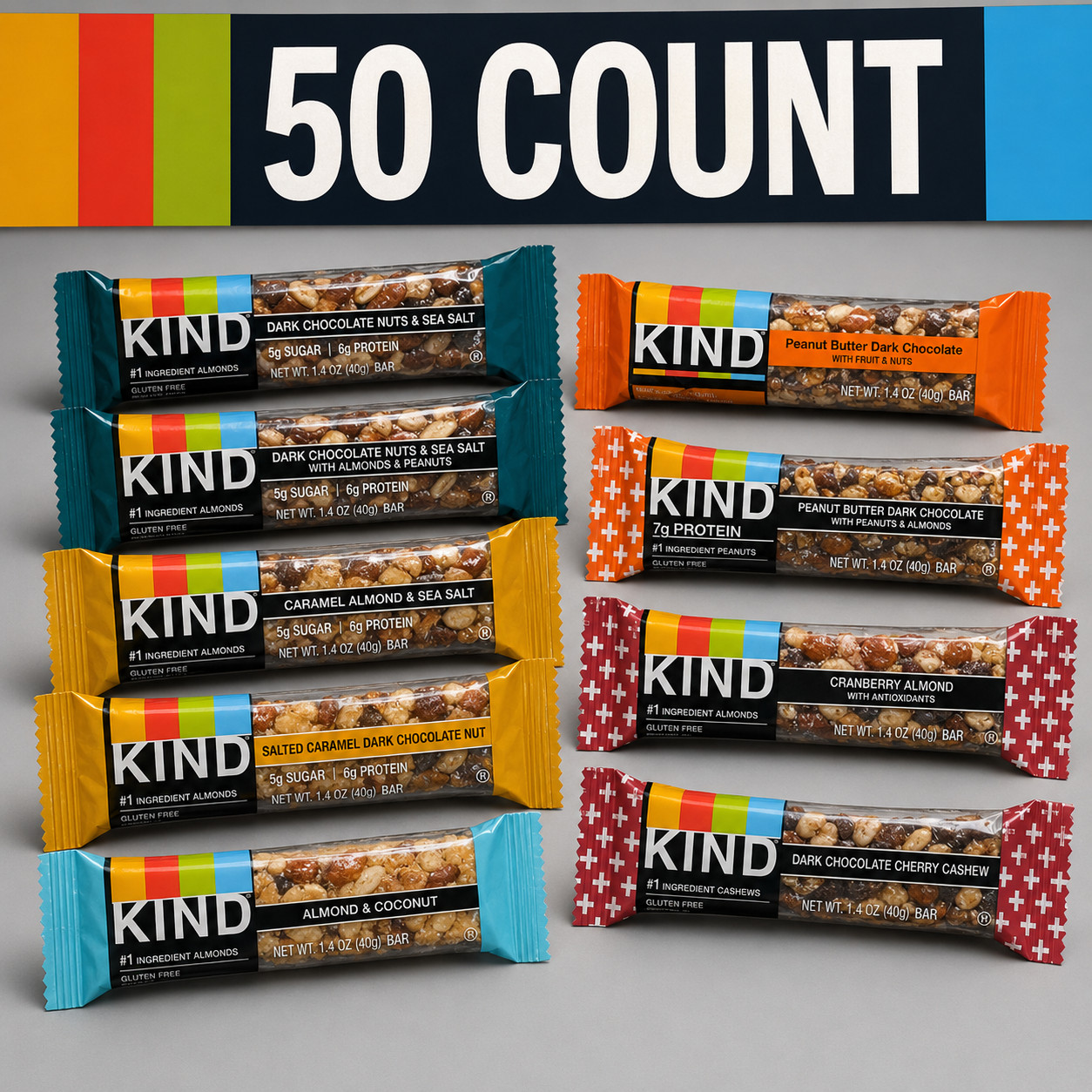 50 ASSORTED KIND Snack Bars 1.4 oz Each Gluten Free. Sea salt dark chocolate