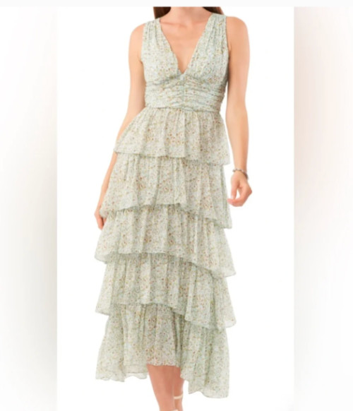 1 State Dress 6 Maxi Aline Floral Green Ruffles Tiered Vneck Sleeveless New 1 State Dress 6 Maxi Aline Floral Green Ruffles Tiered Vneck Sleeveless New