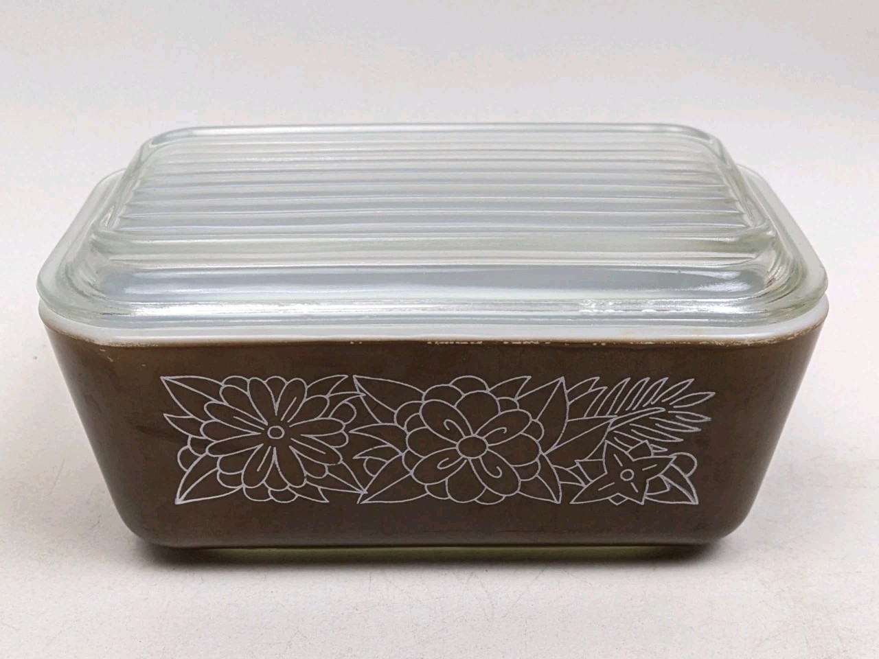 Vintage 1970s Pyrex Woodland Brown Flower 502 B Refrigerator Fridge Dish w/ Lid Vintage 1970s Pyrex Woodland Brown Flower 502 B Refrigerator Fridge Dish w/ Lid