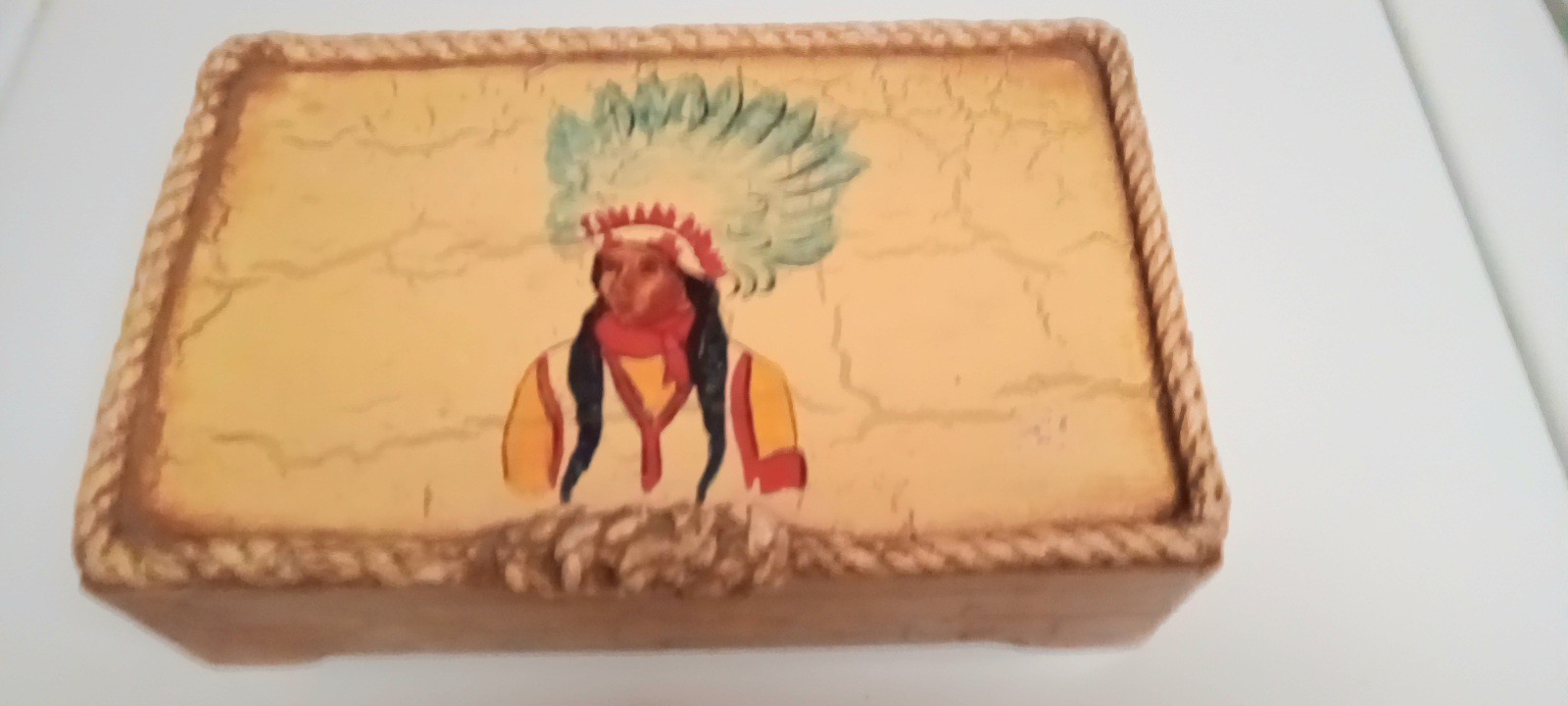 Vintage Early Calif Painted Chief Crackle Wood Rope Accents Trinket Box Monterey
