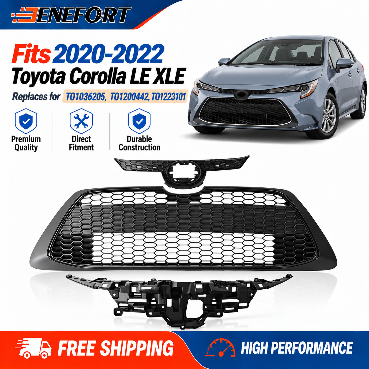 3pcs Front Upper Lower Grille & Bracket Kit For 2020-2022 Toyota Corolla LE XLE