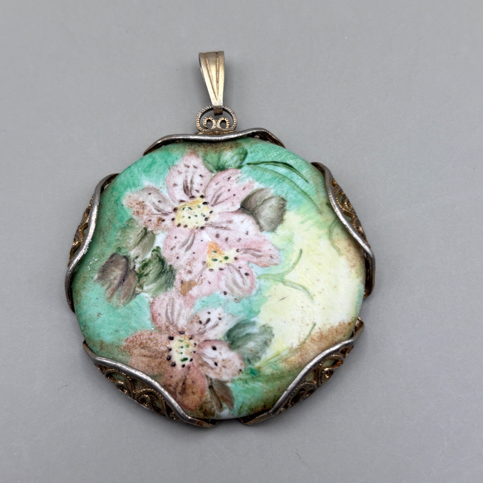 Vintage Hand Painted Round Floral Pendant Green Pink 1.75