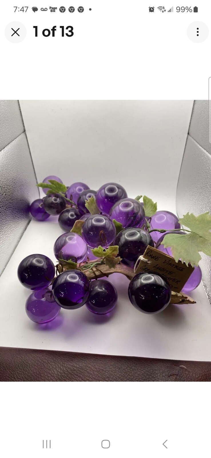 Vintage Lucite Grapes On Driftwood Purple Cluster MCM Large 12” Long Kitchey
