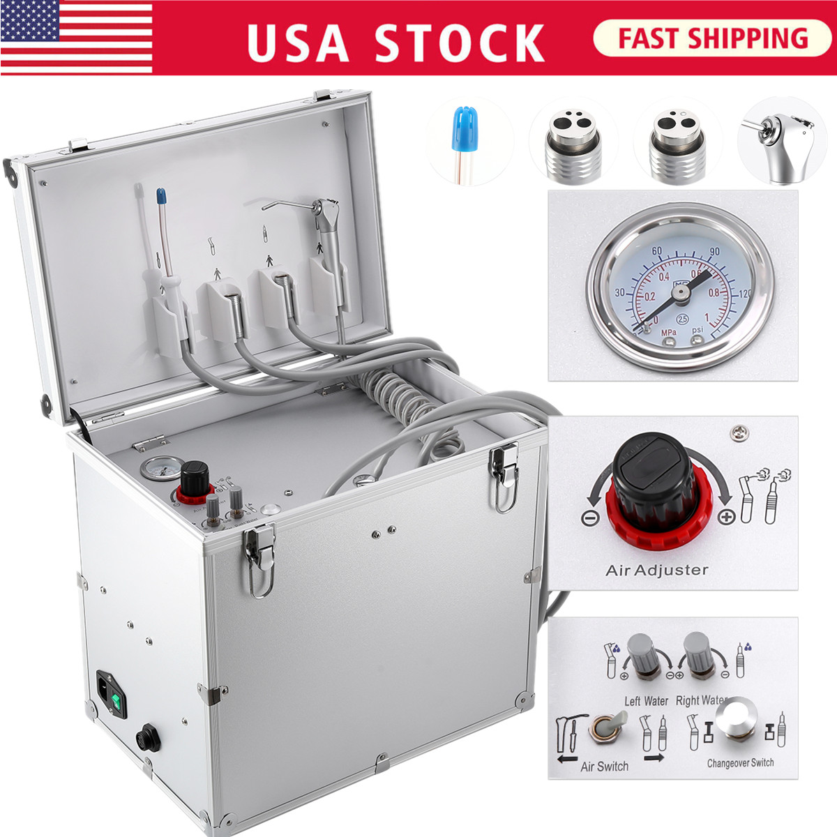 AZDENT Portable Dental Moble Delivery Unit Air Compressor Syringe Suction 4Hole