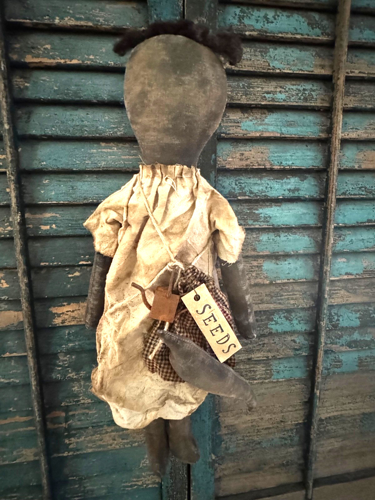 Handmade Early Style Primitive Faceless Black doll with Crow-OOAK Handmade Early Style Primitive Faceless Black doll with Crow-OOAK