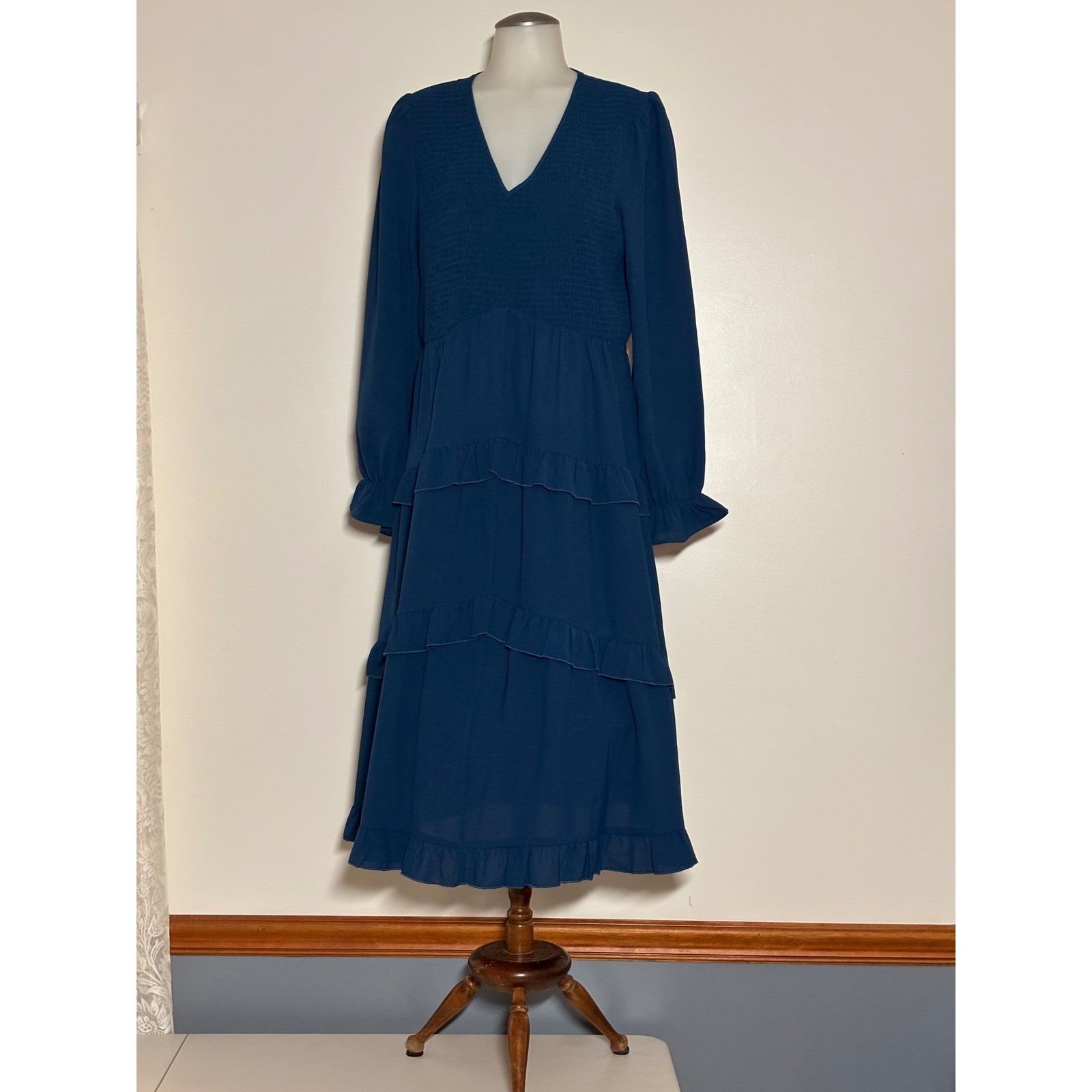 Grace Karin Tiered Midi Dress Women Large Blue Smocked Long Sleeve V-neck NEW