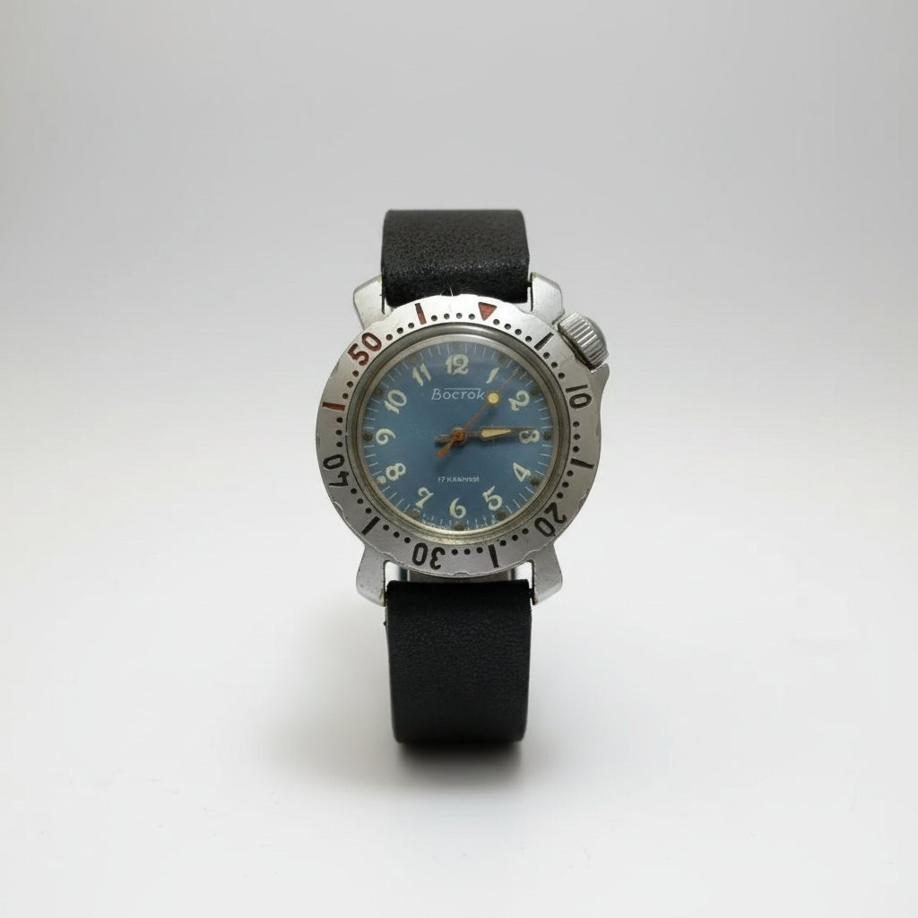 Vintage Mechanical Watch Blue Dial Steel 1.34 in (34 mm) Case Military Style