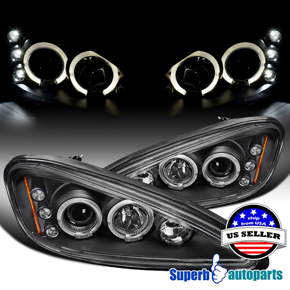 Fits 1999-2005 Pontiac Grand Am Halo Black Projector Headlights LED Bar 99-05