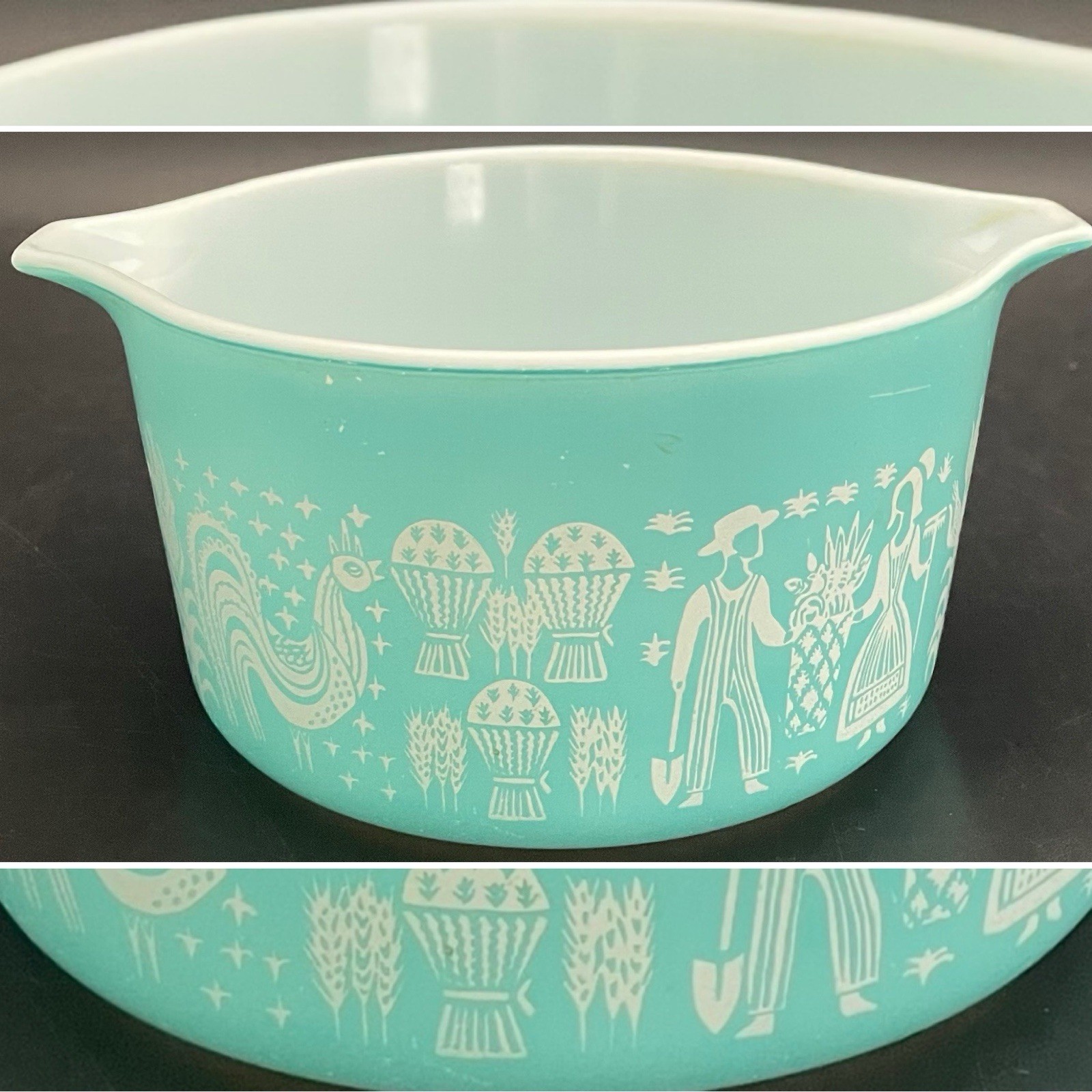 Pyrex 473 White on Turquoise Butterprint aka Amish Casserole Bowl 1957-1968 USA