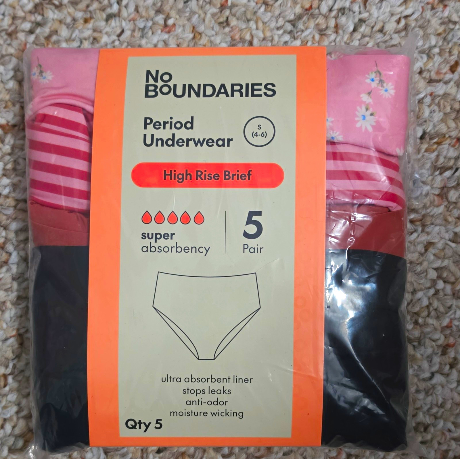 No Boundaries Menstrual Underwear High Rise Brief Leak Proof 5 Pair S (4-6)
