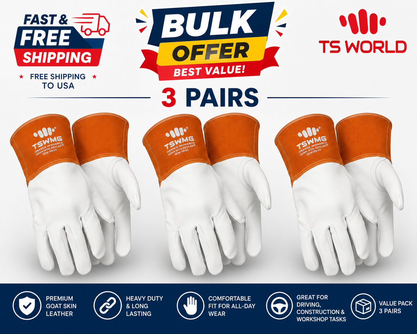 3 Pairs Goat Leather TIG Welding Gloves – Premium Comfort, Protection