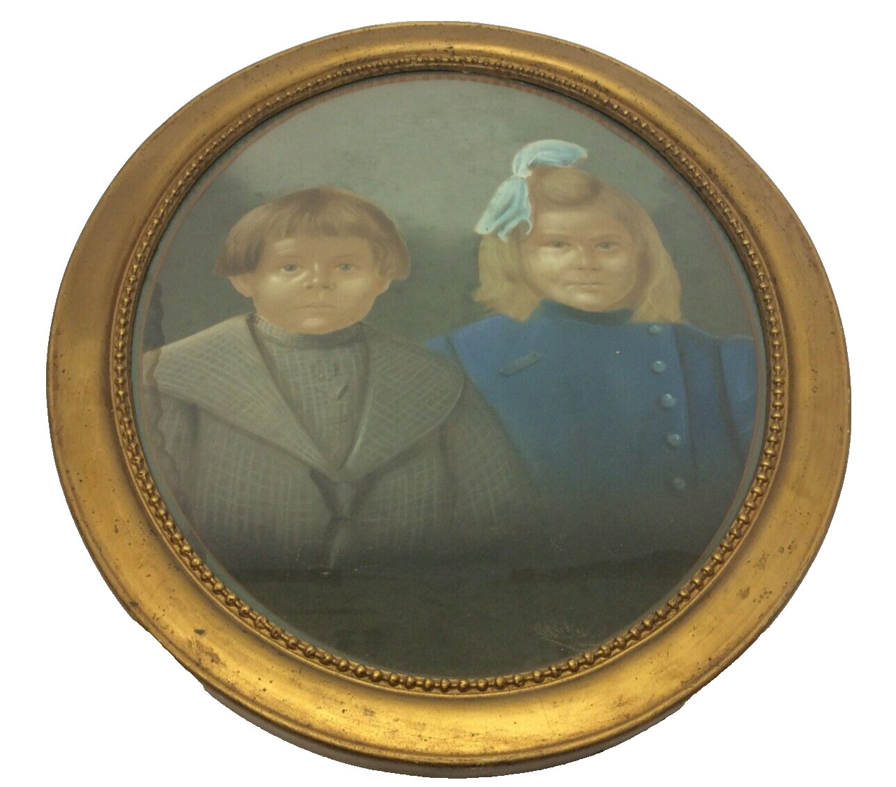 Vintage Pastel Portrait of Young Siblings – Oval Wood Framed Wall Art Painting
