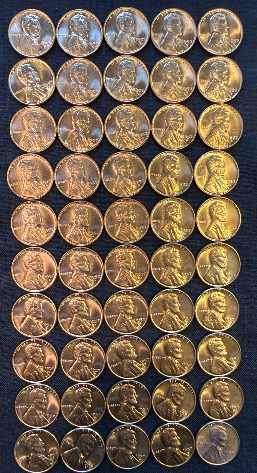1957-D Lincoln Wheat Cents 50 Coin Roll UNC All 50 Shown #LW-08 1957-D Lincoln Wheat Cents 50 Coin Roll UNC All 50 Shown #LW-08