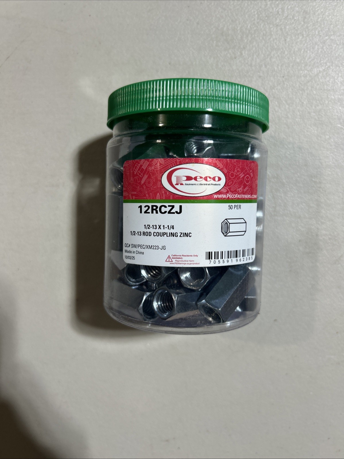 Peco Fasteners 12RCZJ 1/2-13 x 1-1/4 1/2-13 Rod Coupling Zinc Plated Pack of 50