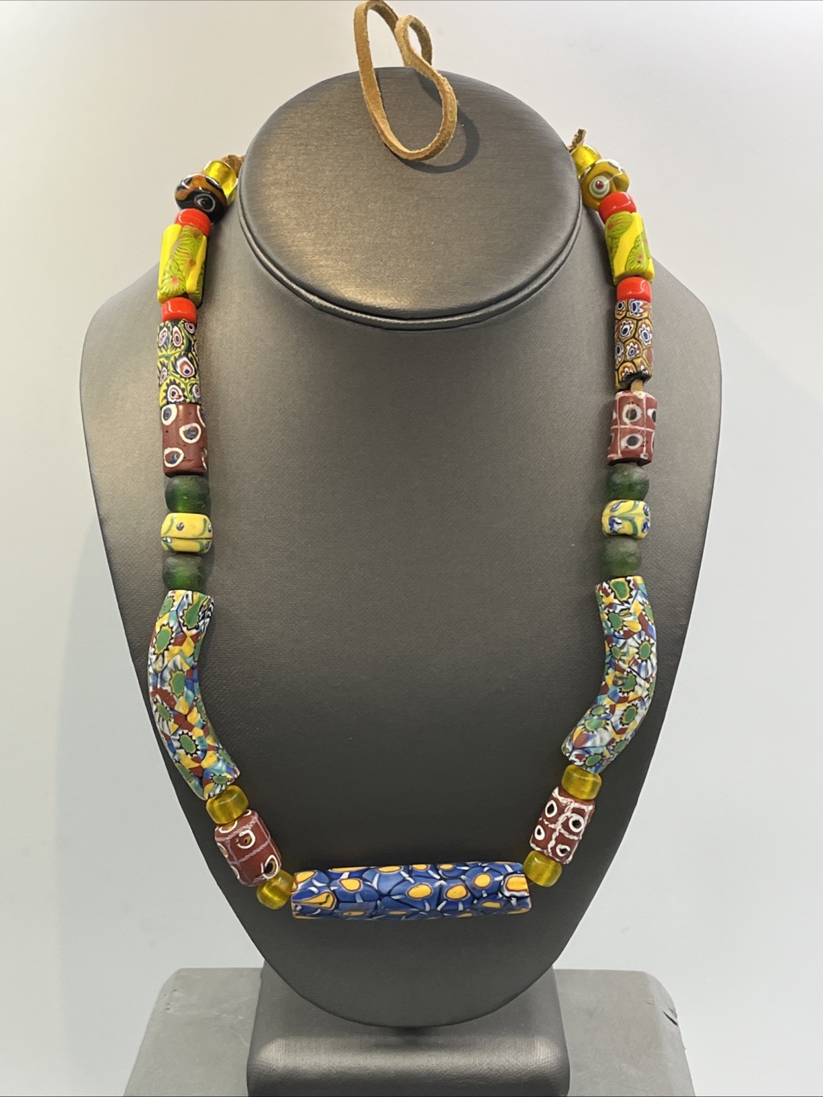 Vintage Venetian Millefiori Mosaic African Trade Beads Beaded Necklace 18\