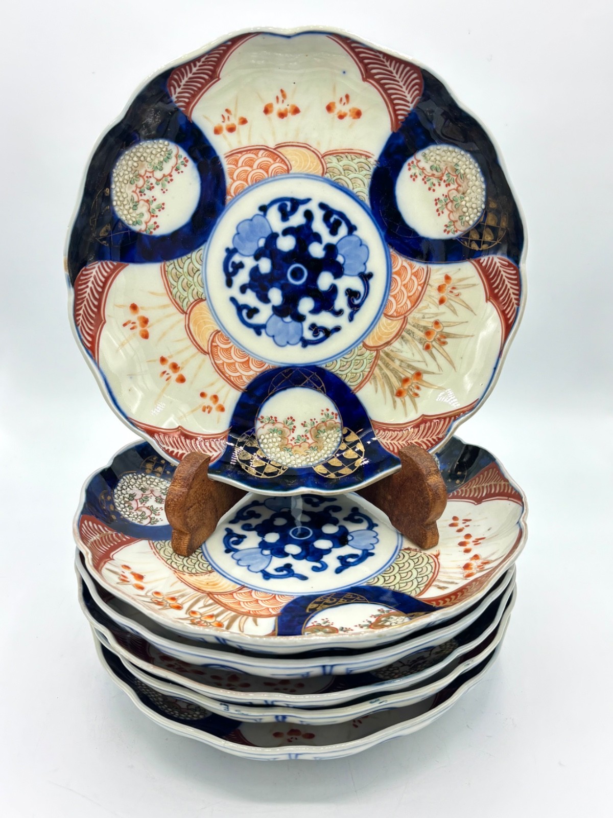 Antique Japanese Imari Plates Rare Set of 6 - Meiji Period 8.5” Scalloped Rim