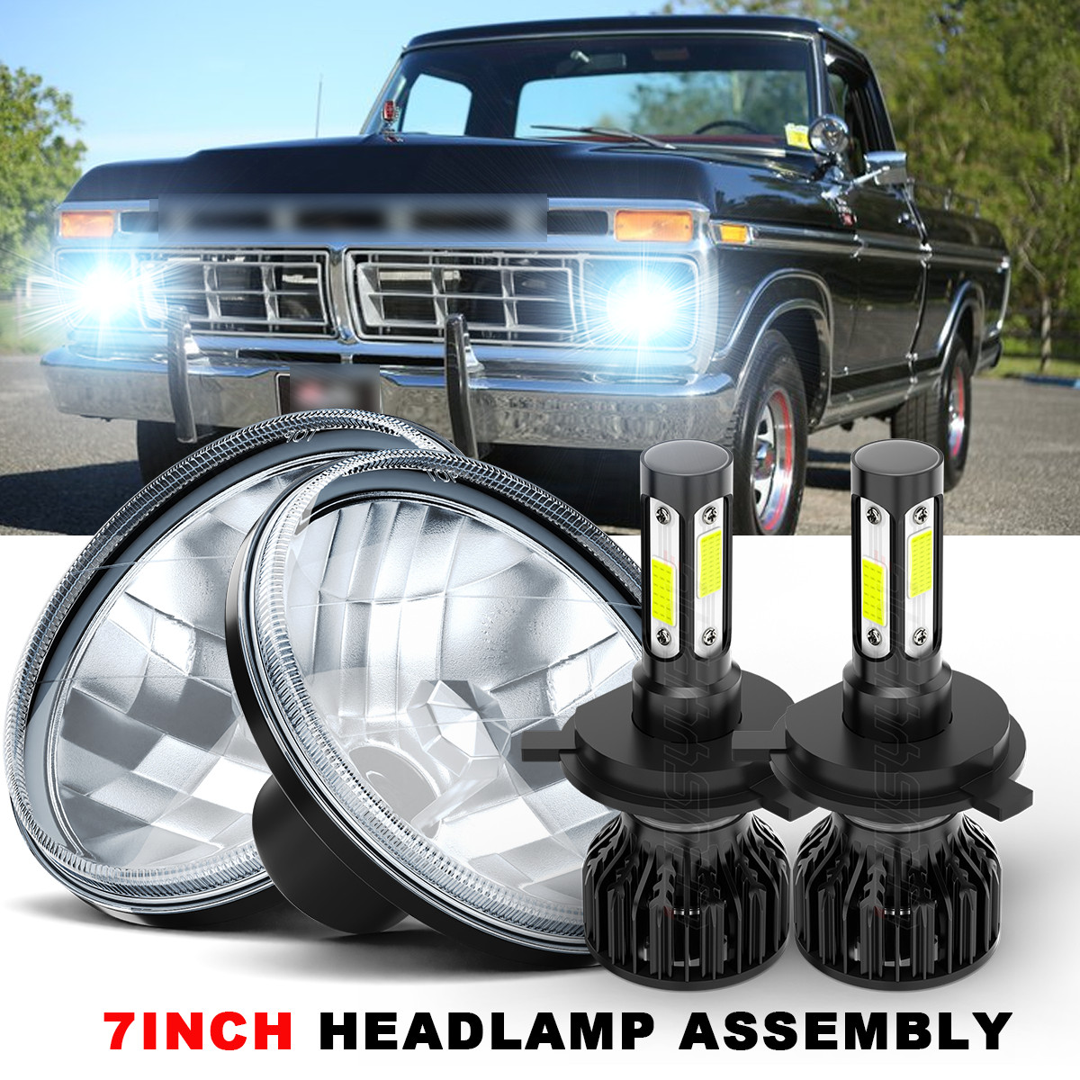 For 69-78 Ford F100 F150 F250 Pair 7inch Round LED Headlights Halo High/Low Beam