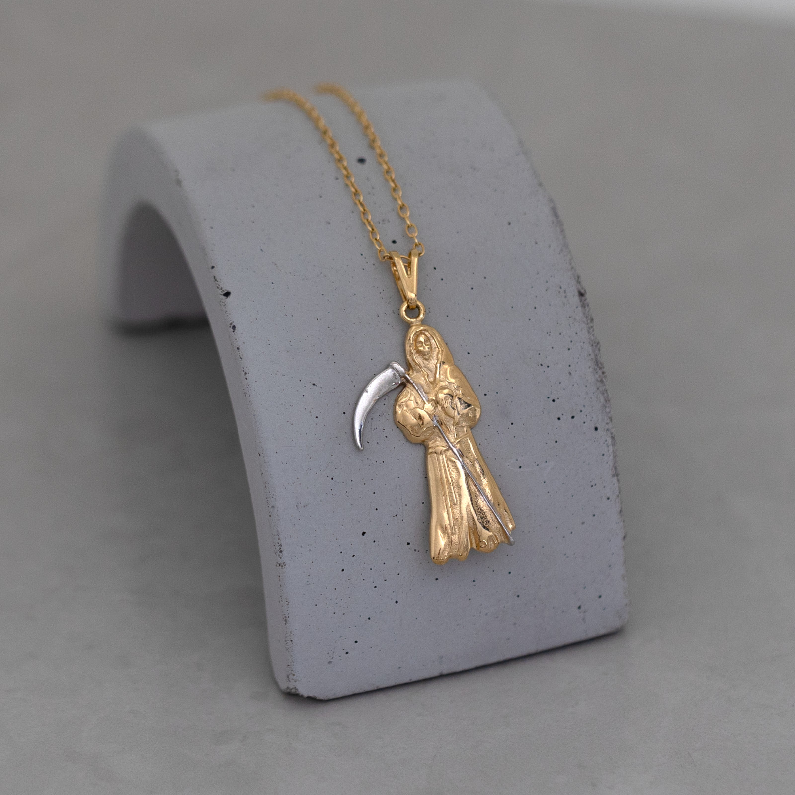 Gold Filled Two Toned Grim Reaper Santa Muerte Pendant Necklace Unique Jewelry 