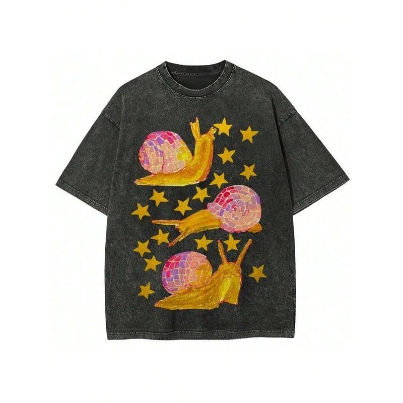 100% Washed Cotton Vintage Distressed Disco Snail Golden Star Graphic T Shirt Co 100% Washed Cotton Vintage Distressed Disco Snail Golden Star Graphic T Shirt Co