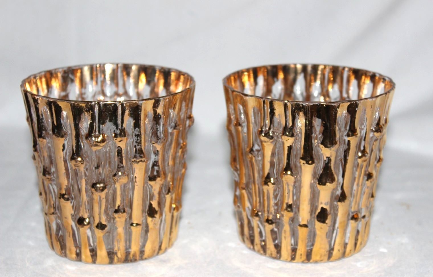 Pair Vintage MID CENTURY Imperial 22K Gold Bambu Bamboo Rocks Glass Tiki bar MCM